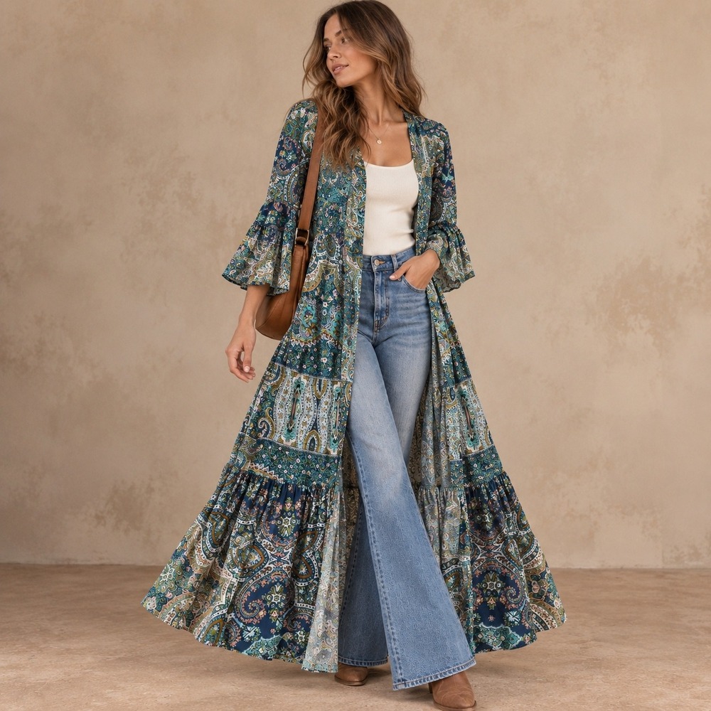 R.Vivimos Paisley Maxi Dress Cardigan Tie Front Bell Sleeve Duster Teal S
